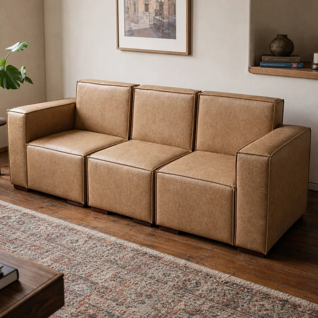 Sofá Modular 3 Cuerpos - Cuero Reconstituido Beige