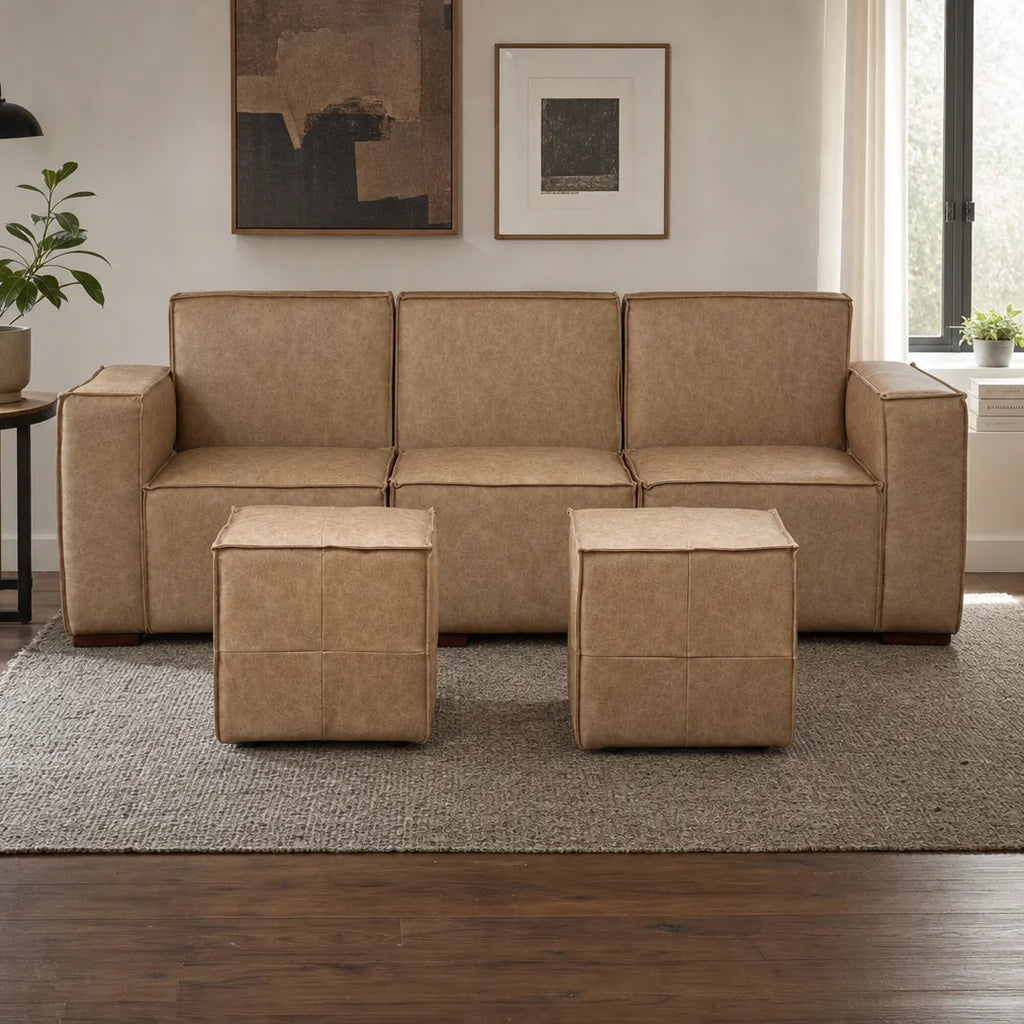 Sofá Modular 3 Cuerpos y 2 Poufs - Cuero Reconstituido Beige