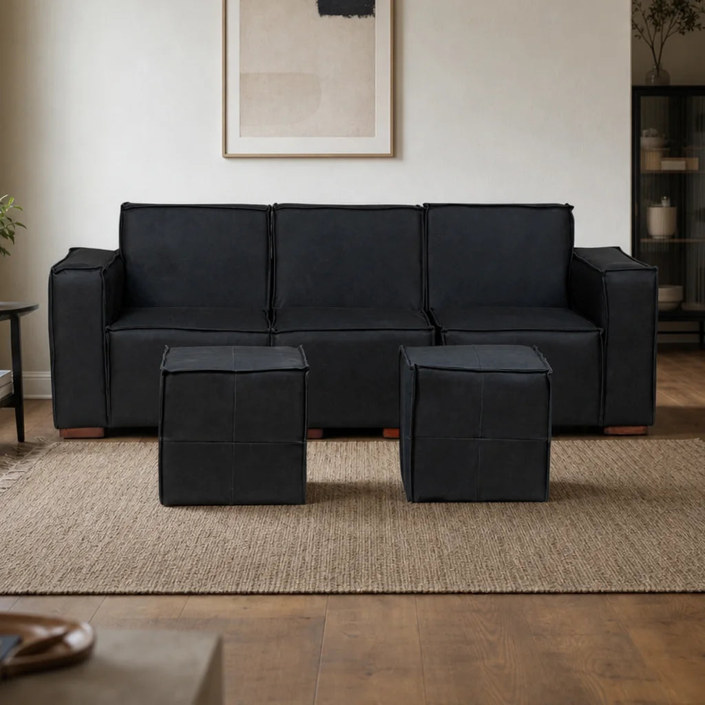 Sofá Modular 3 Cuerpos y 2 Poufs - Cuero Reconstituido Negro