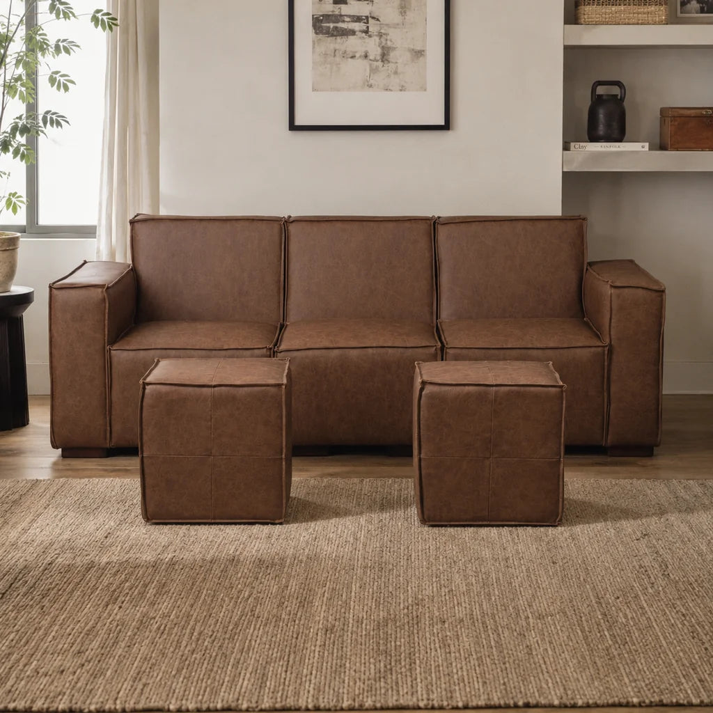 Sofá Modular 3 Cuerpos y 2 Poufs - Cuero Reconstituido Whisky