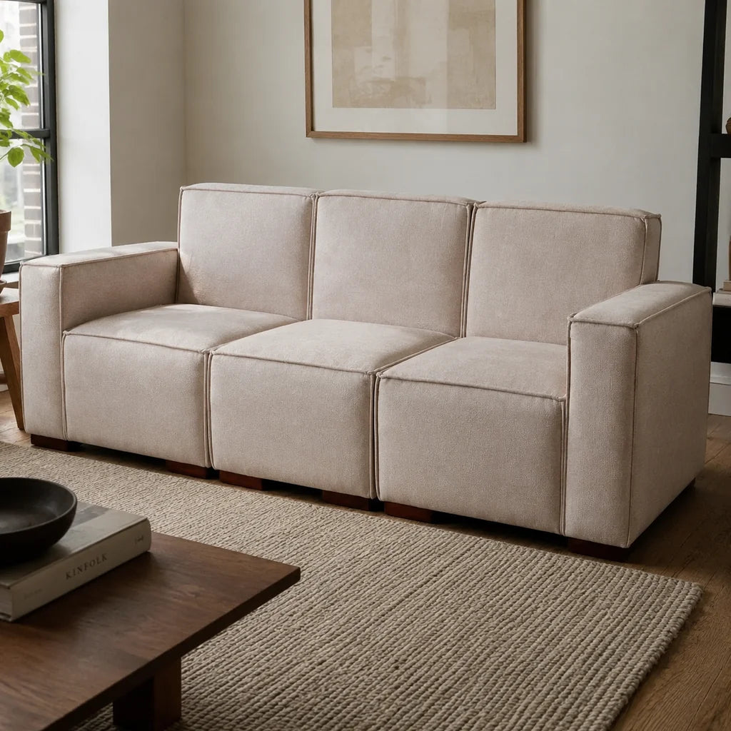 Sofá Modular 3 cuerpos y 2 Poufs - Tela Lino Finesse Beige