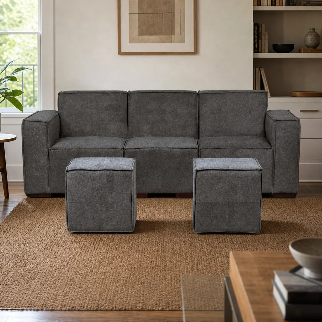 Sofá Modular 3 cuerpos y 2 Poufs - Tela Lino Finesse Gris Medio