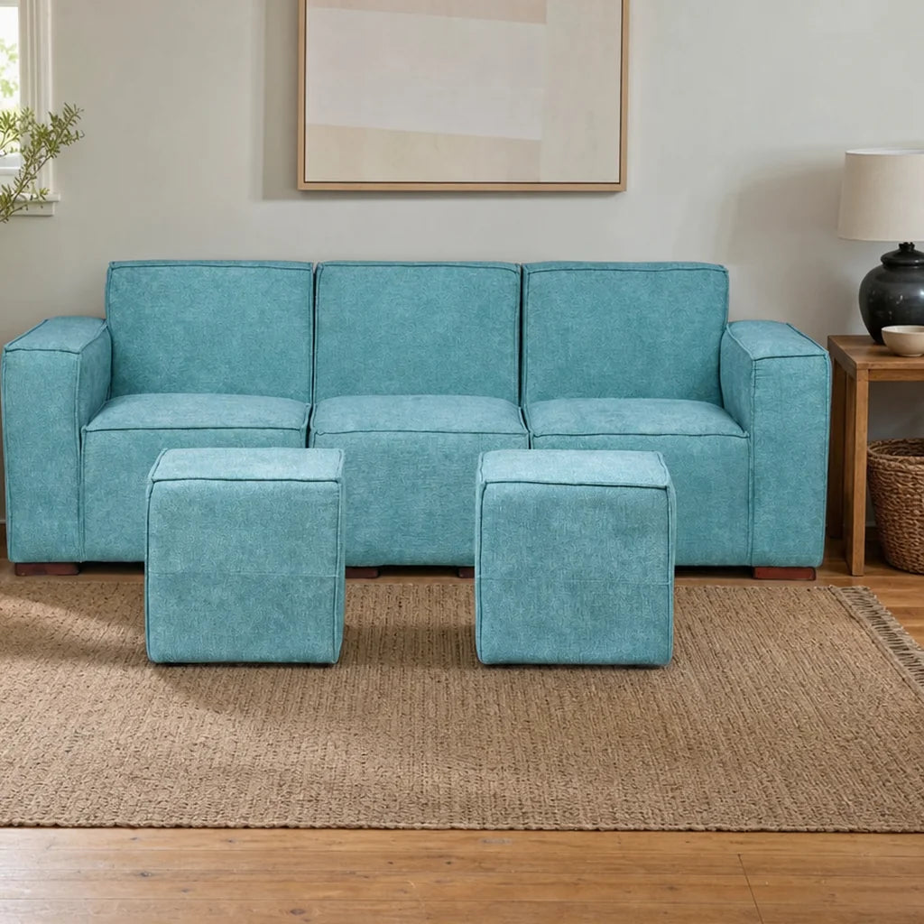 Sofá Modular 3 cuerpos y 2 Poufs - Tela Lino Finesse Verde Agua