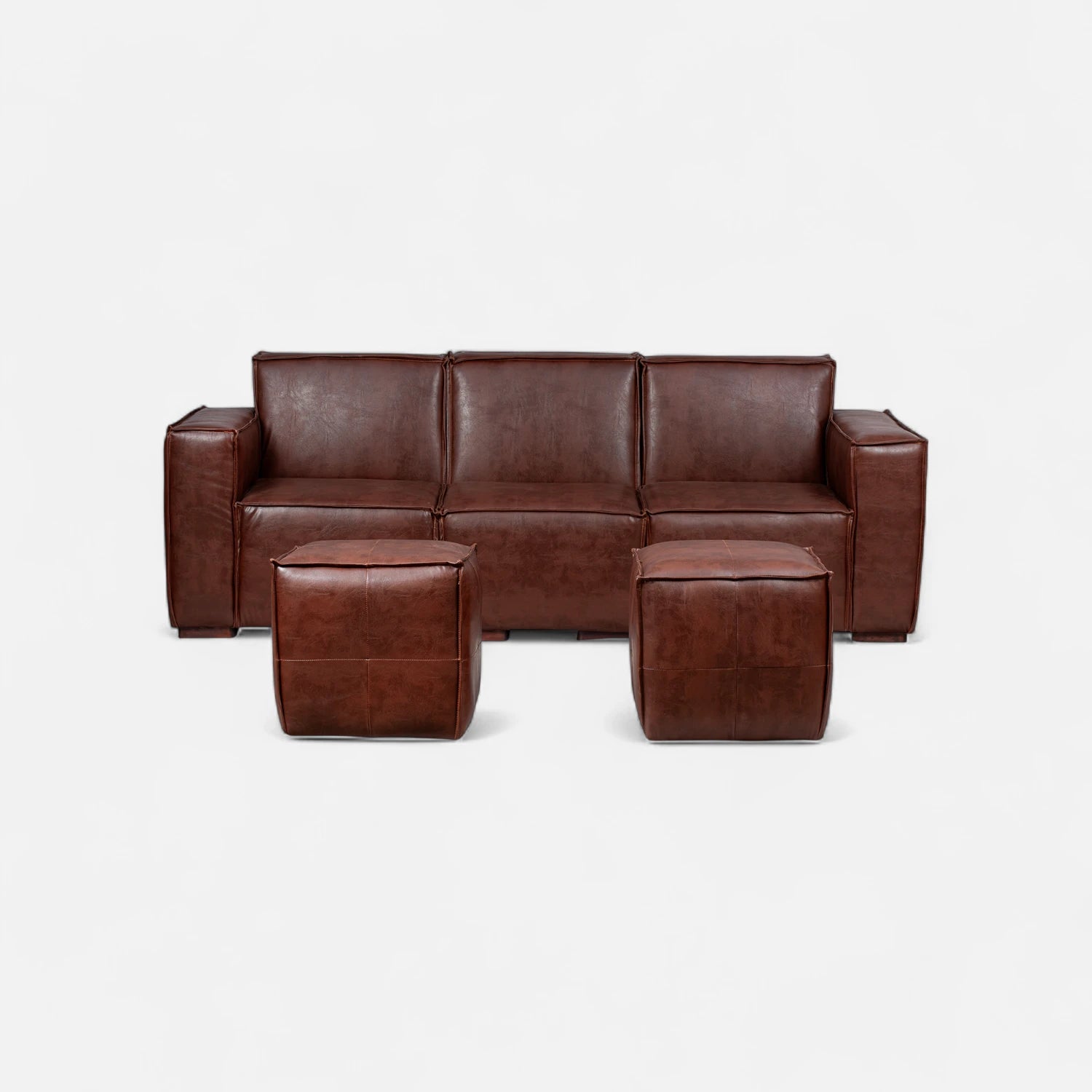 Sofá Modular 3 Cuerpos y 2 Poufs - Cuero Reconstituido Habano