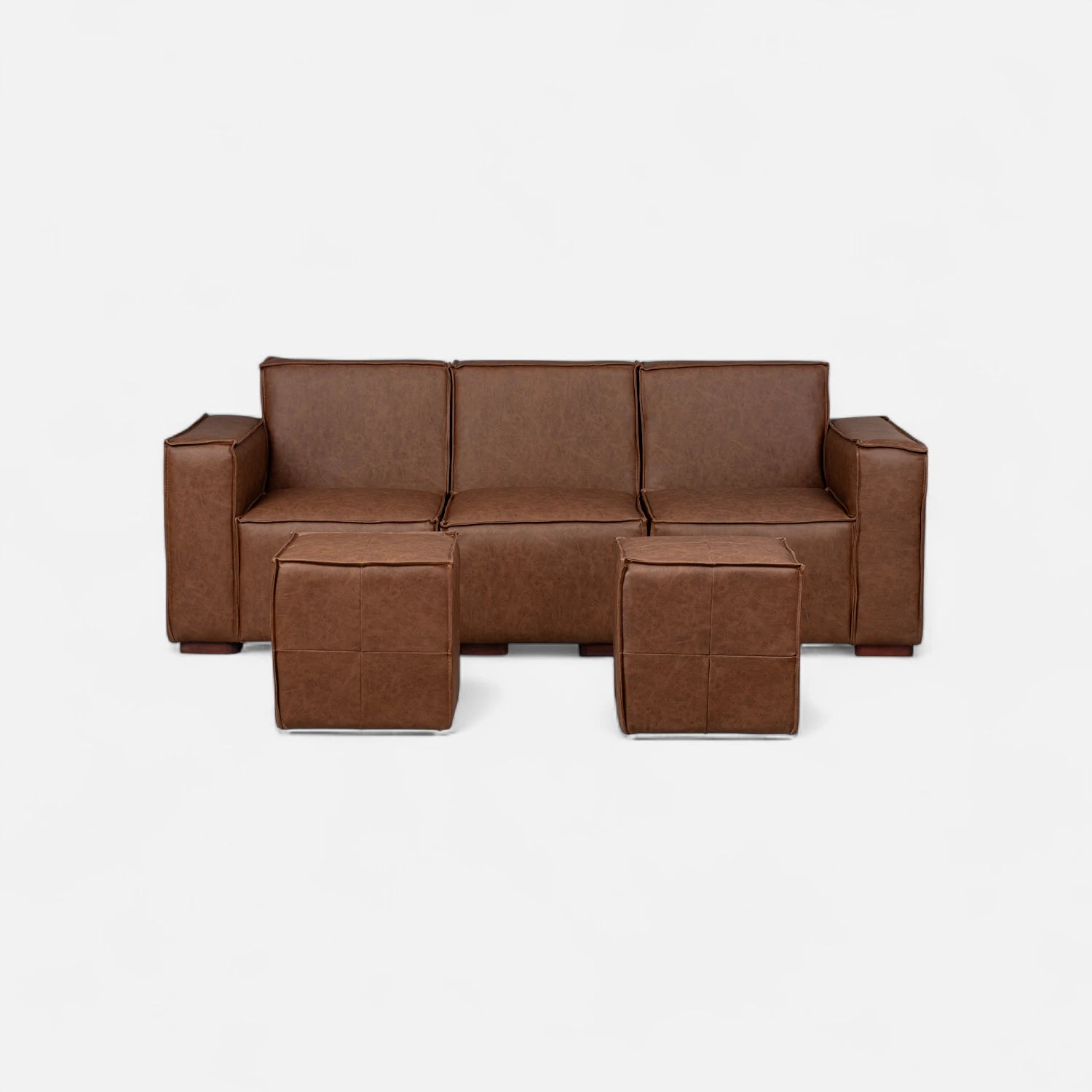 Sofá Modular 3 Cuerpos y 2 Poufs - Cuero Reconstituido Whisky