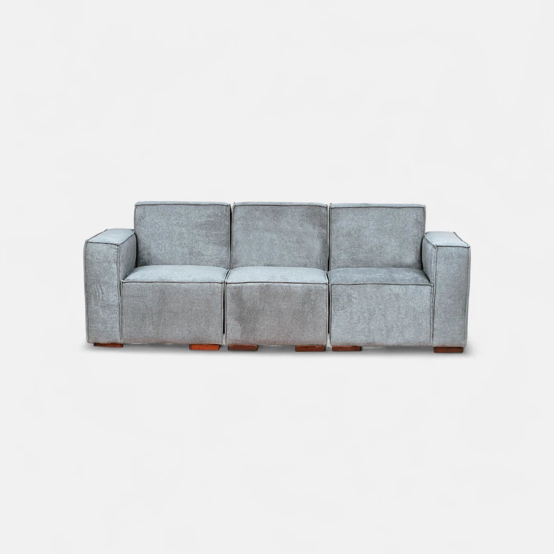 Sofá Modular 3 cuerpos y 2 Poufs - Tela Lino Finesse Gris Claro