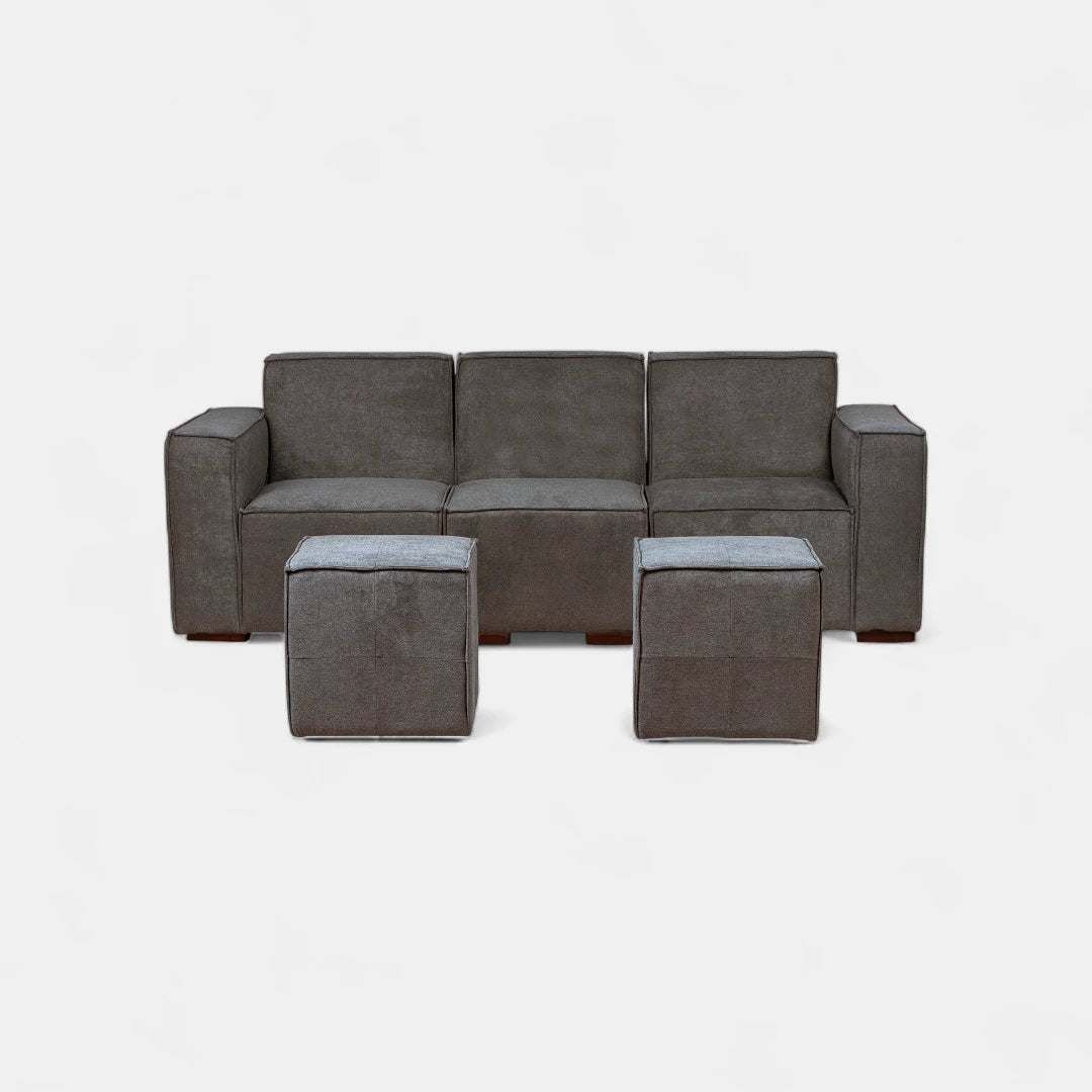 Sofá Modular 3 cuerpos y 2 Poufs - Tela Lino Finesse Gris Medio