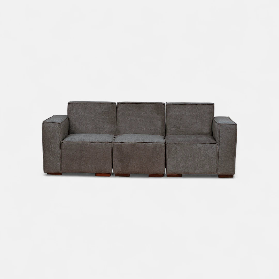 Sofá Modular 3 cuerpos y 2 Poufs - Tela Lino Finesse Gris Medio