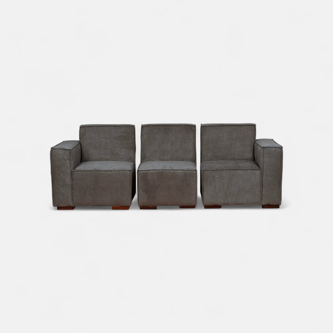 Sofá Modular 3 cuerpos y 2 Poufs - Tela Lino Finesse Gris Medio