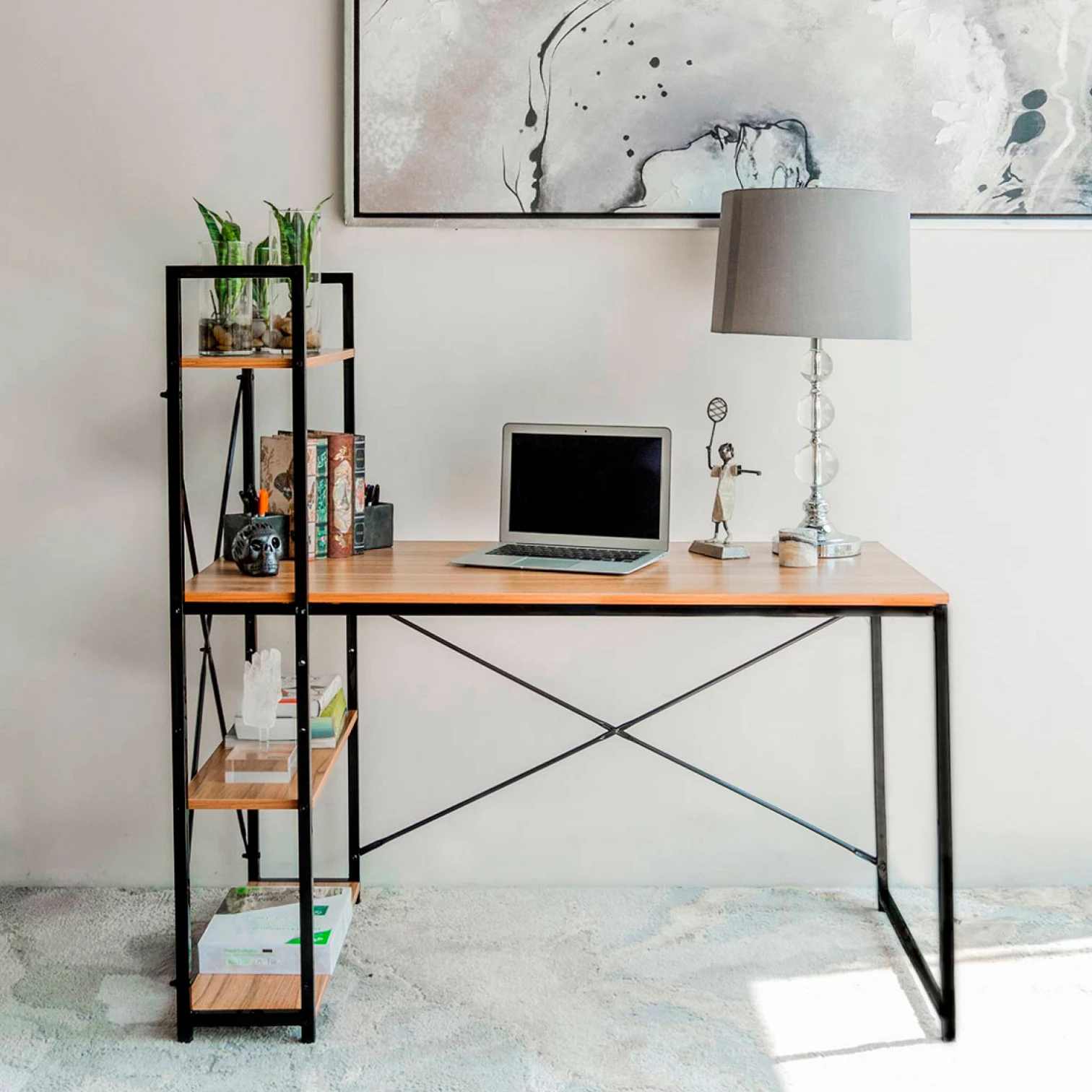 Escritorio Industrial Home Office con Repisas Oslo - Madera Clara