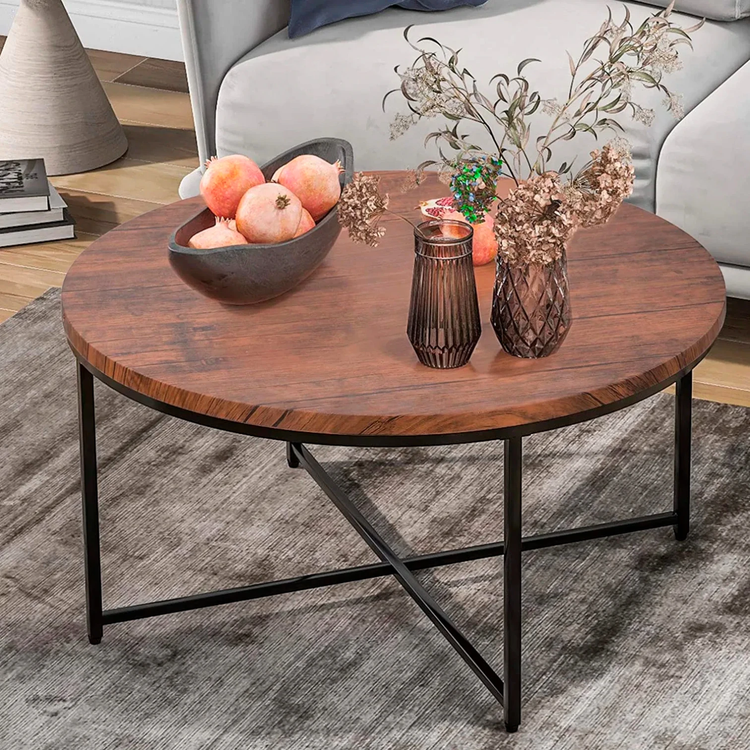 Mesa de Centro 80 cm Redonda - Madera Oscura