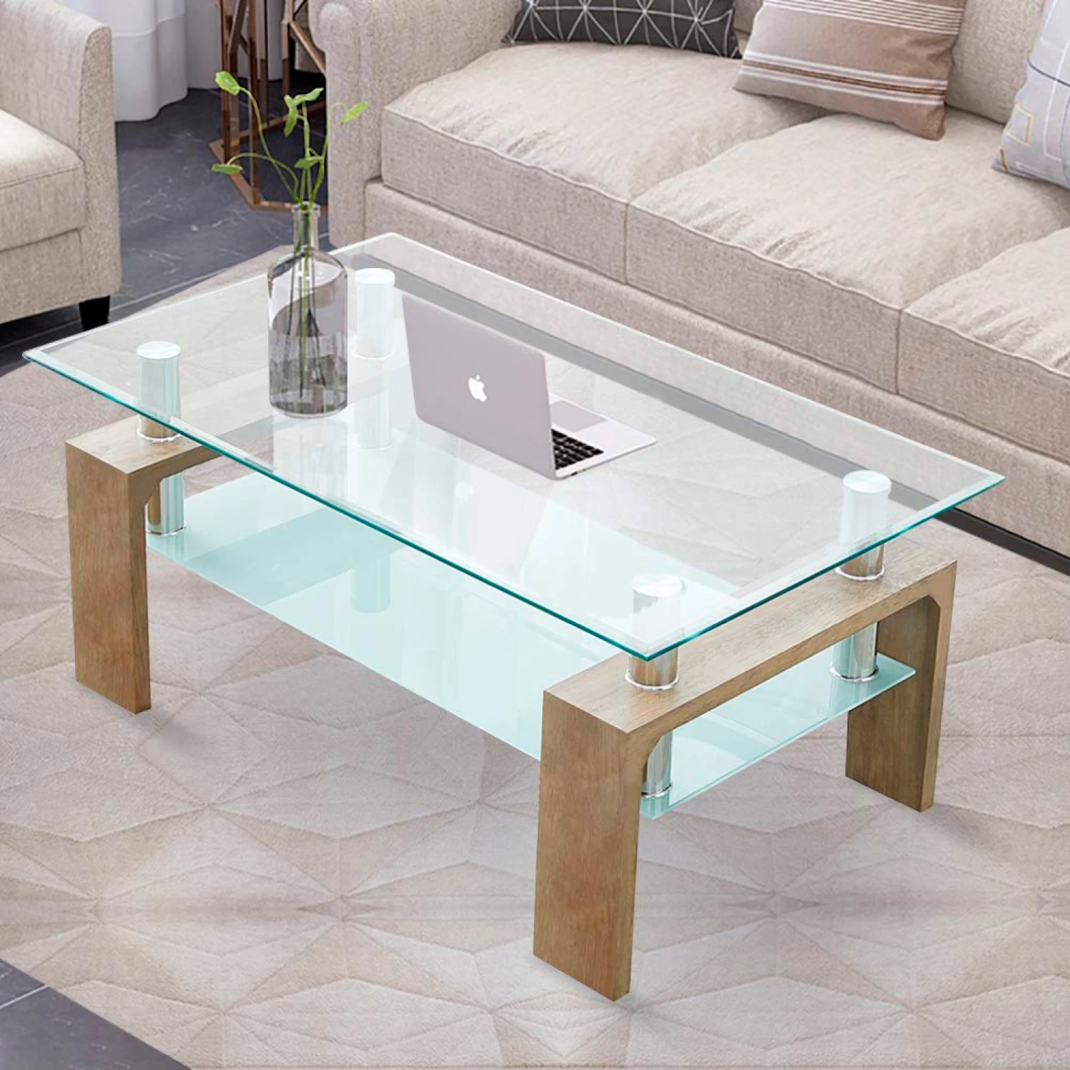 Mesa de Centro Rectangular de Vidrio - Madera Clara
