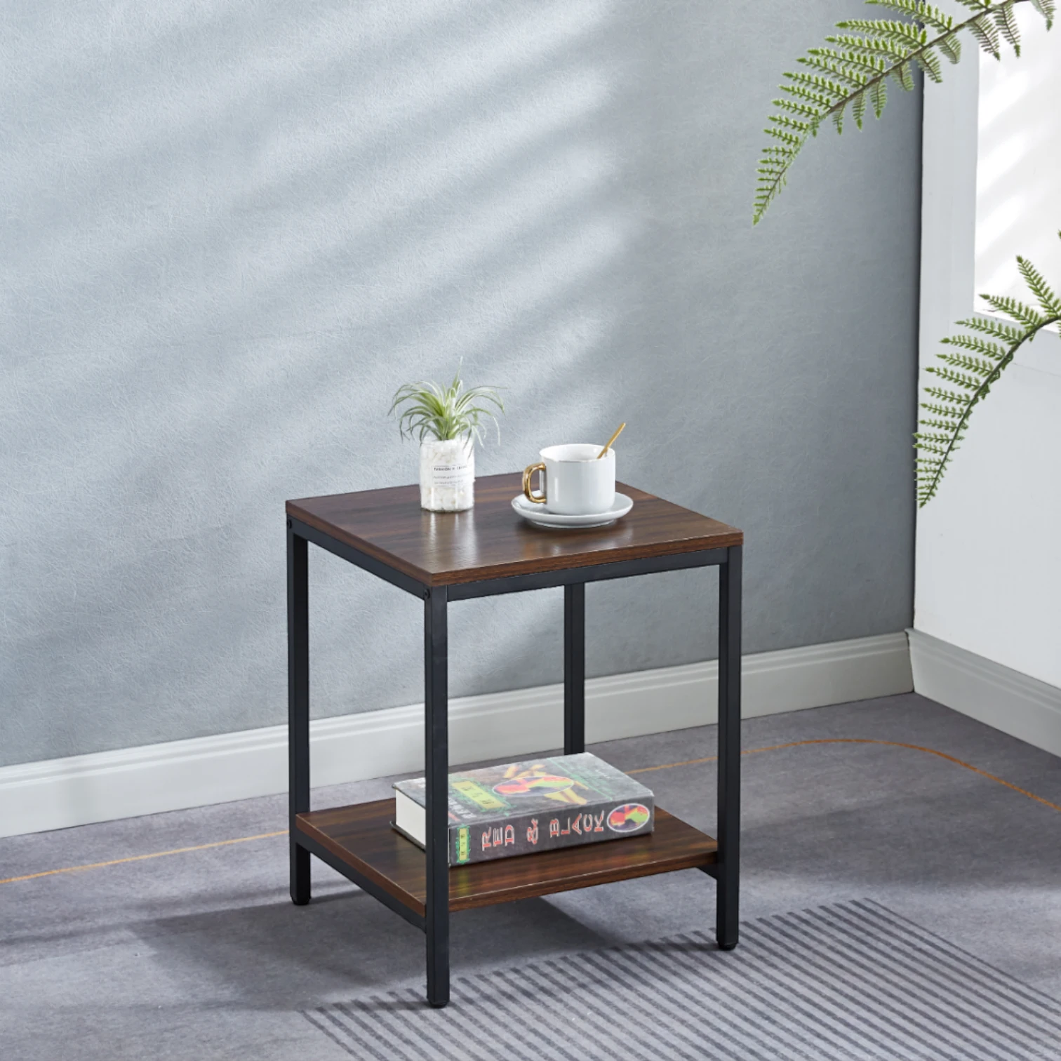 Velador Lateral de 2 Niveles - Madera Oscura