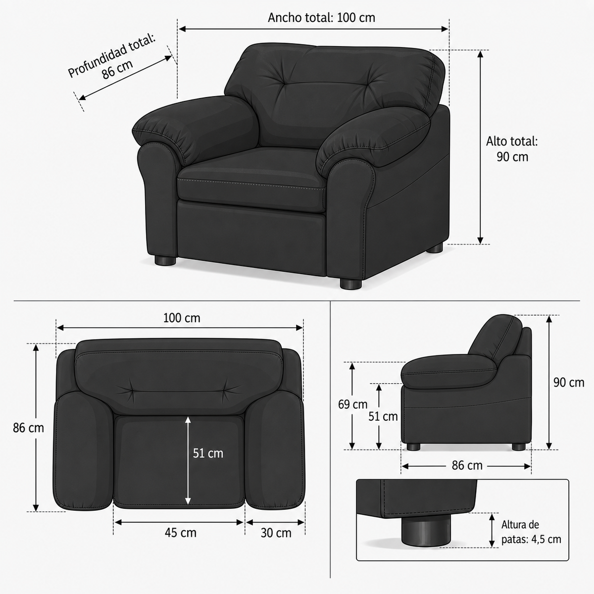 Ficha de medidas — Sofá 1 Cuerpos Cuero Sintético Negro – Modelo América — SKU 334484002