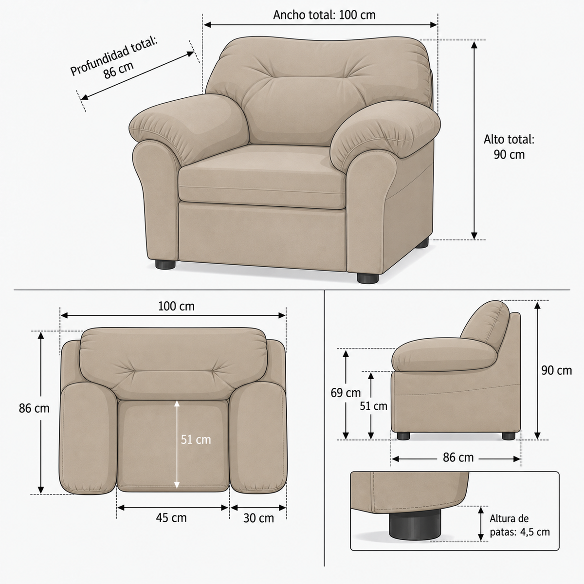 Ficha de medidas — Sofá América 1 Cuerpo - Tela Felpa Beige — SKU 335153003