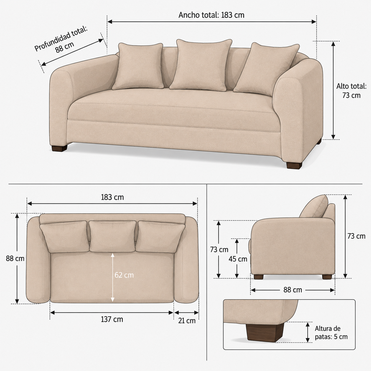 Ficha ilustrada de medidas — Sofá Metropolitan 3 Cuerpos - Tela Lino Beige — SKU 581627005