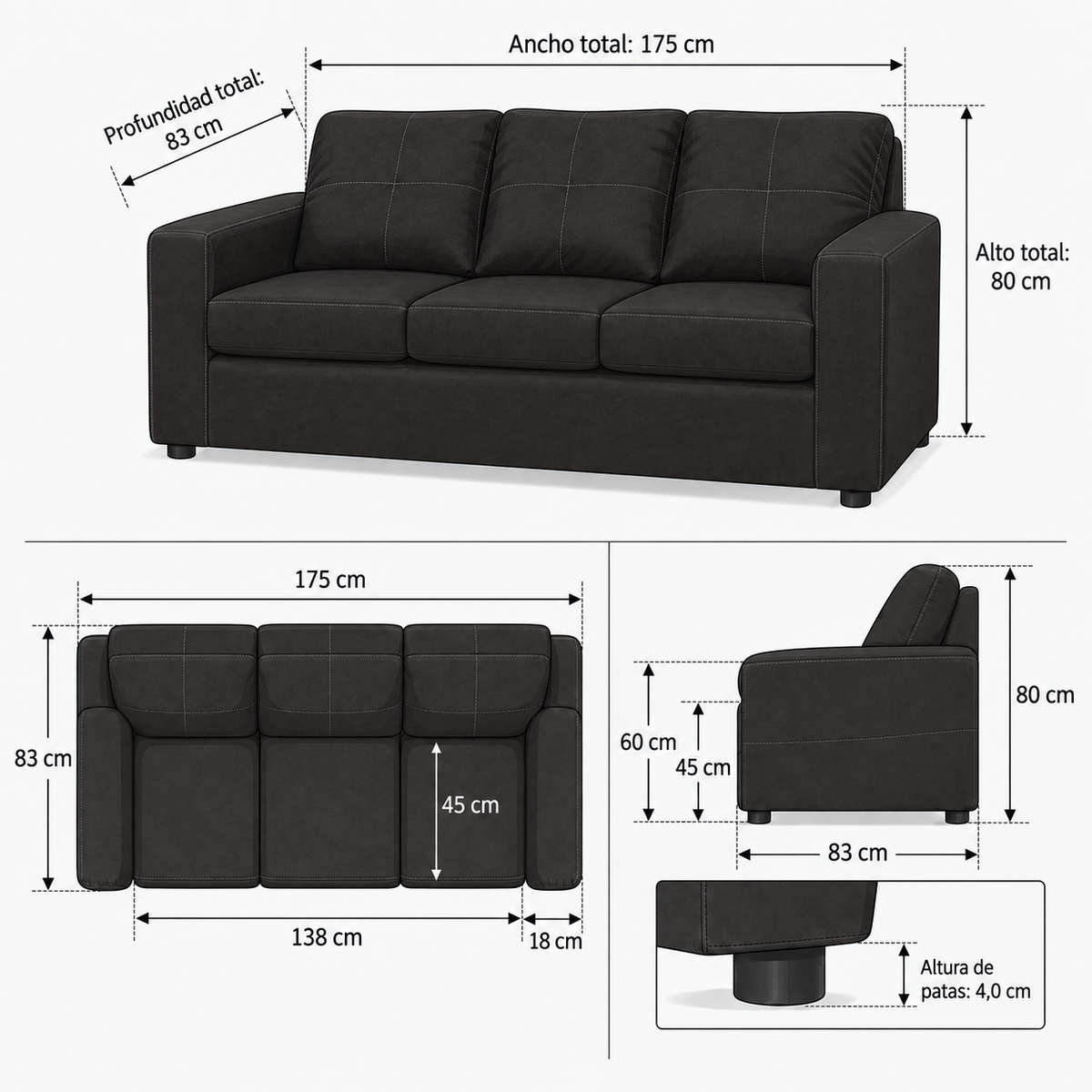 Ficha ilustrada de medidas — Sofá Emilia 3 Cuerpos Cuero Auris Negro — SKU 599492002