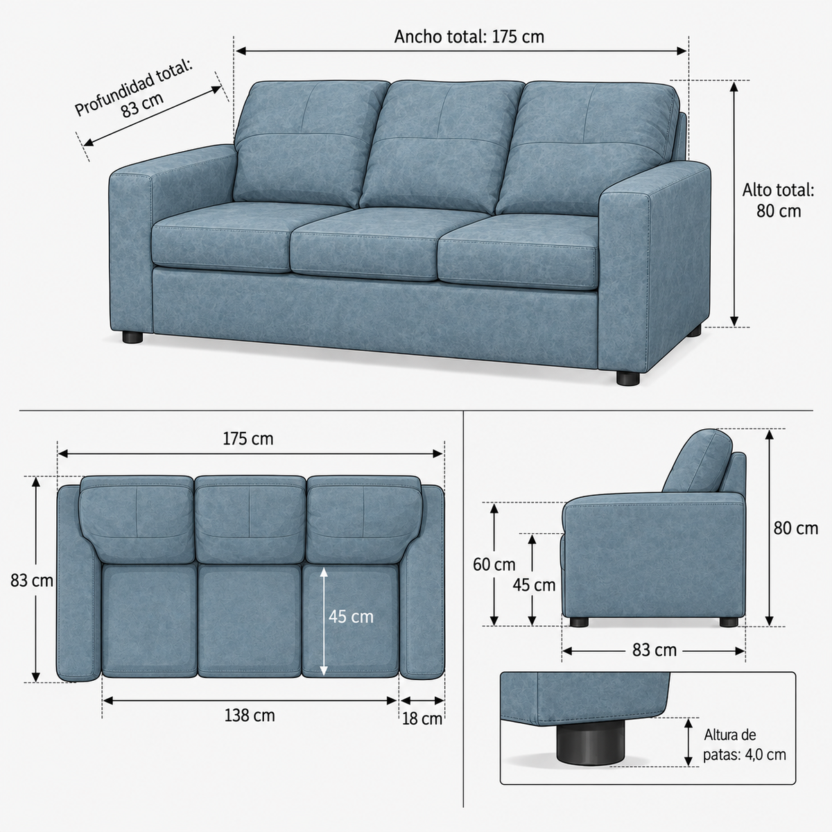Ficha ilustrada de medidas — Sofá Emilia 3 Cuerpos Cuero Auris Azul Claro — SKU 599492007