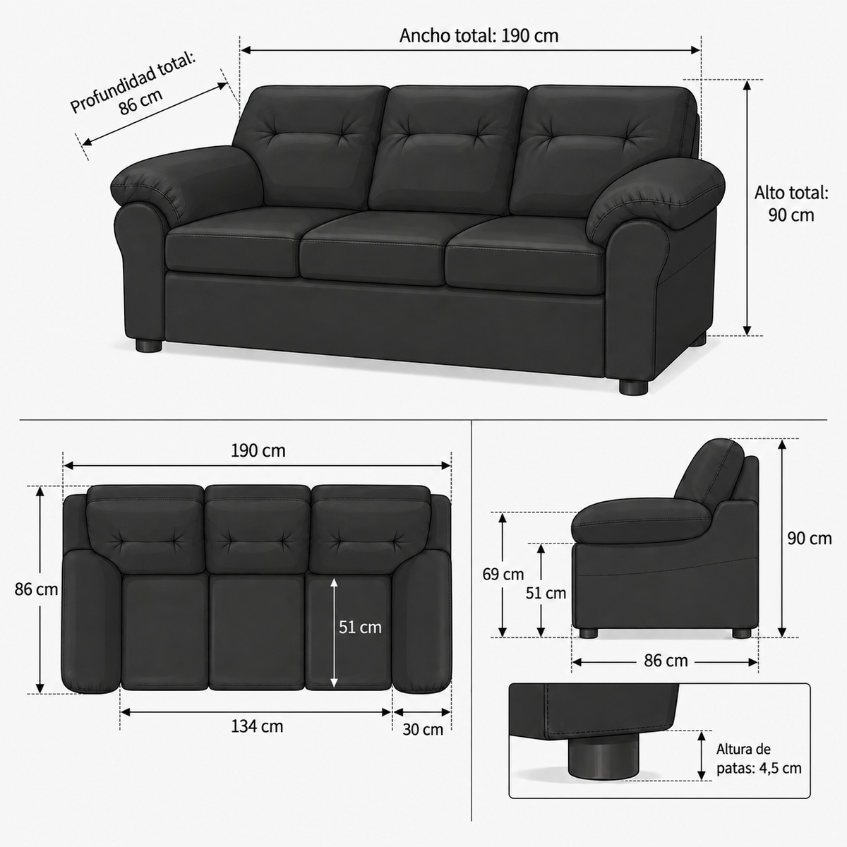 Ficha de medidas — Sofá 3 Cuerpos Cuero Sintético Negro – Modelo América — SKU 963907002