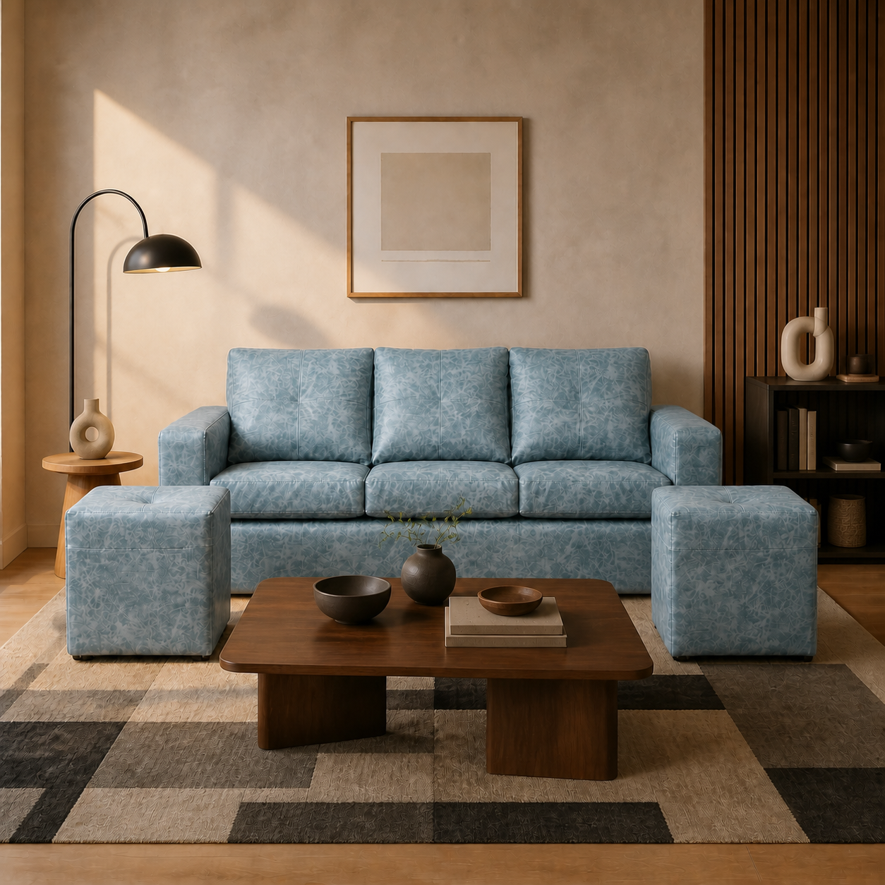 Living Emilia 3 Cuerpos Y 2 Poufs - Cuero Sintético Auris Azul Claro - ambiente