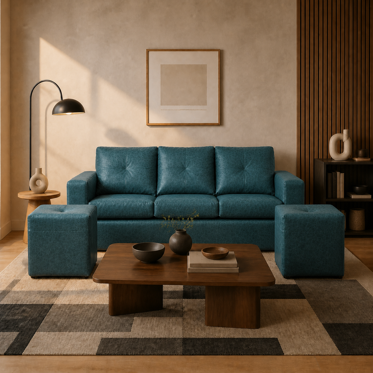 Living Emilia 3 Cuerpos Y 2 Poufs - Cuero Sintético Auris Azul Petróleo - ambiente