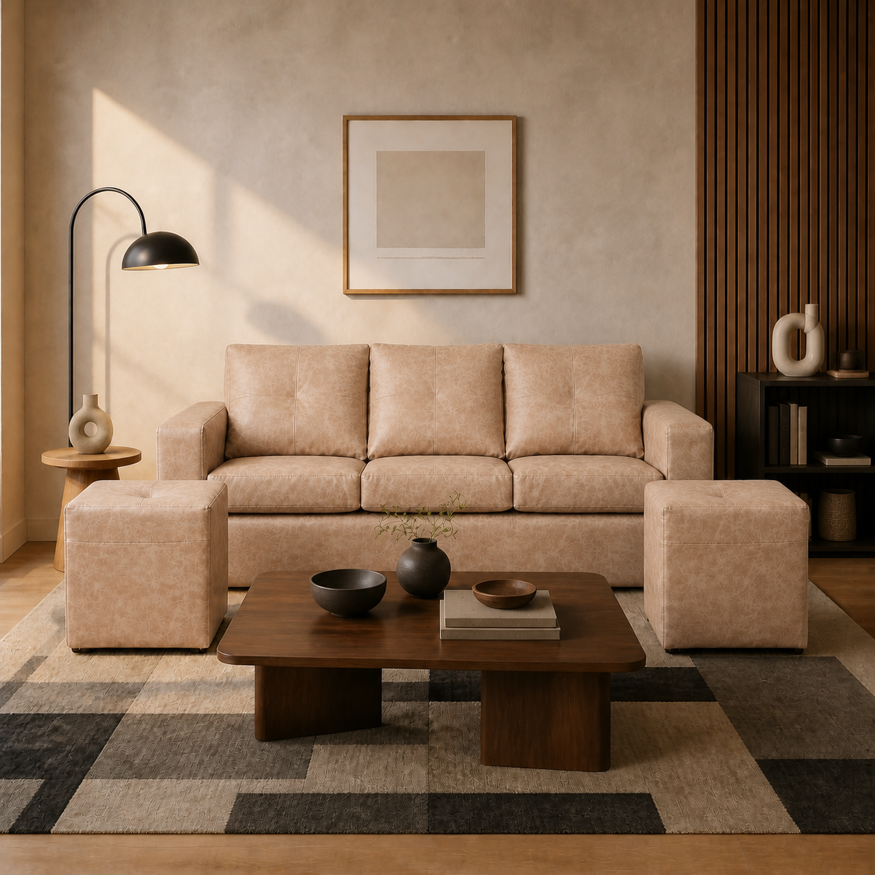 Living Emilia 3 Cuerpos Y 2 Poufs - Cuero Sintético Auris Beige - ambiente