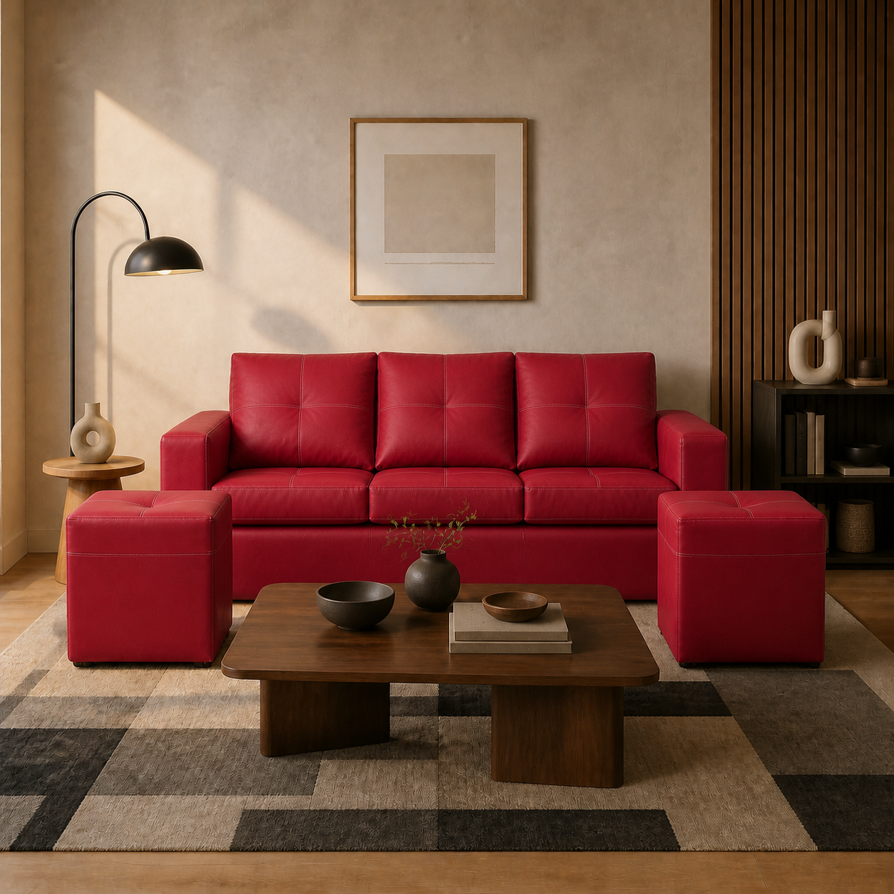 Living Emilia 3 Cuerpos Y 2 Poufs - Cuero Sintético Auris Burdeo - ambiente