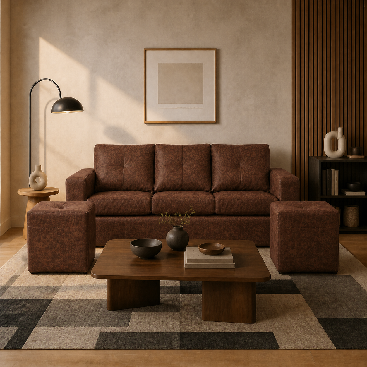 Living Emilia 3 Cuerpos Y 2 Poufs - Cuero Sintético Auris Café - ambiente