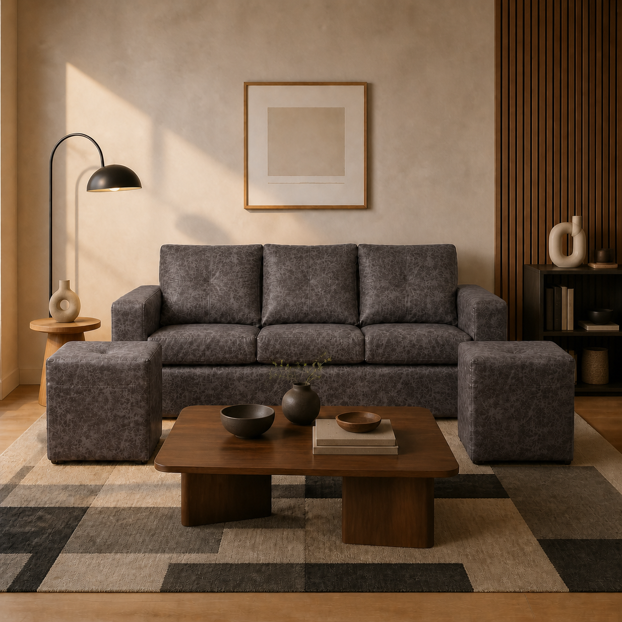 Living Emilia 3 Cuerpos Y 2 Poufs - Cuero Sintético Auris Gris - ambiente