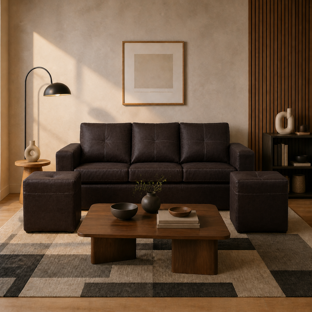 Living Emilia 3 Cuerpos Y 2 Poufs - Cuero Sintético Auris Negro - ambiente