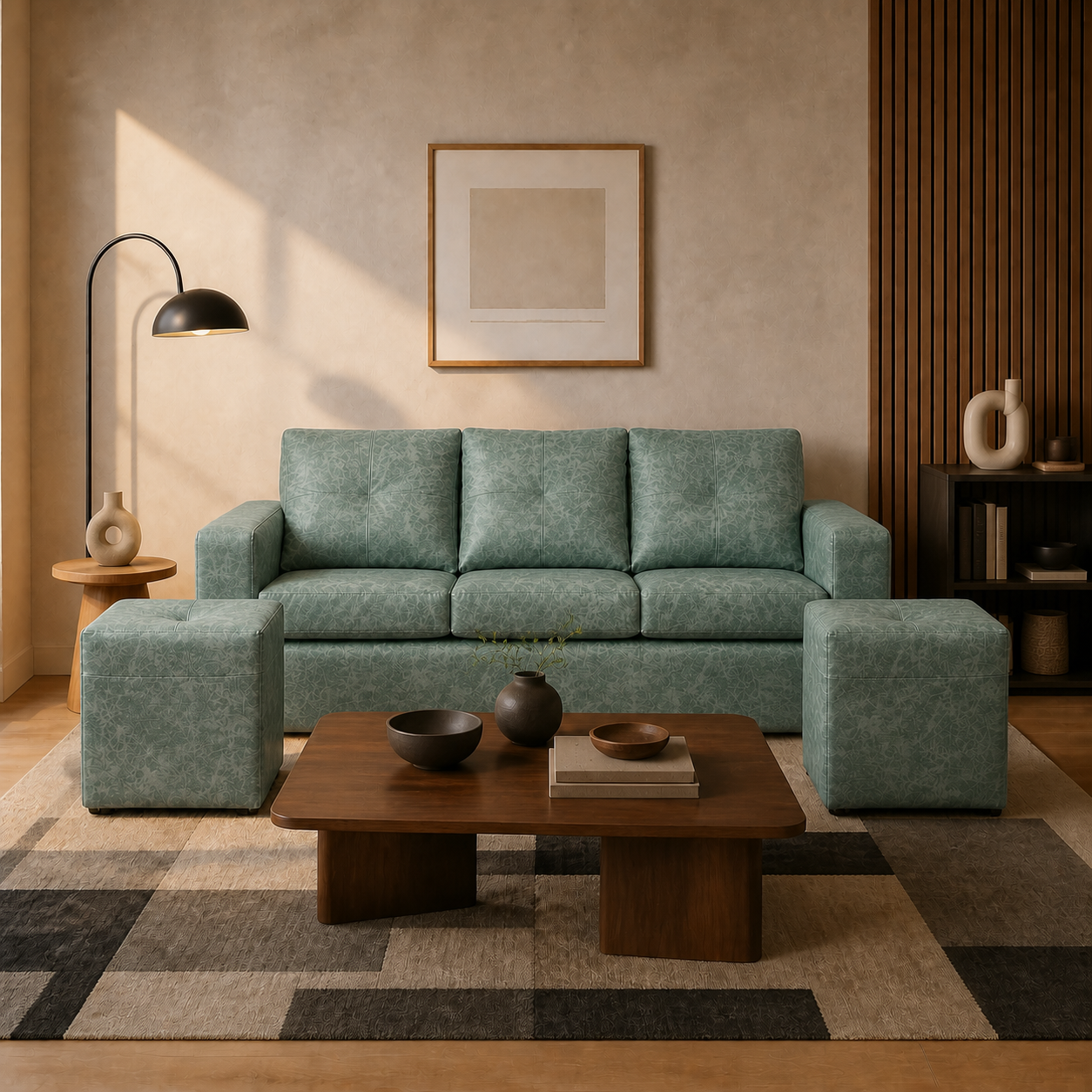 Living Emilia 3 Cuerpos Y 2 Poufs - Cuero Sintético Auris Verde Agua - ambiente