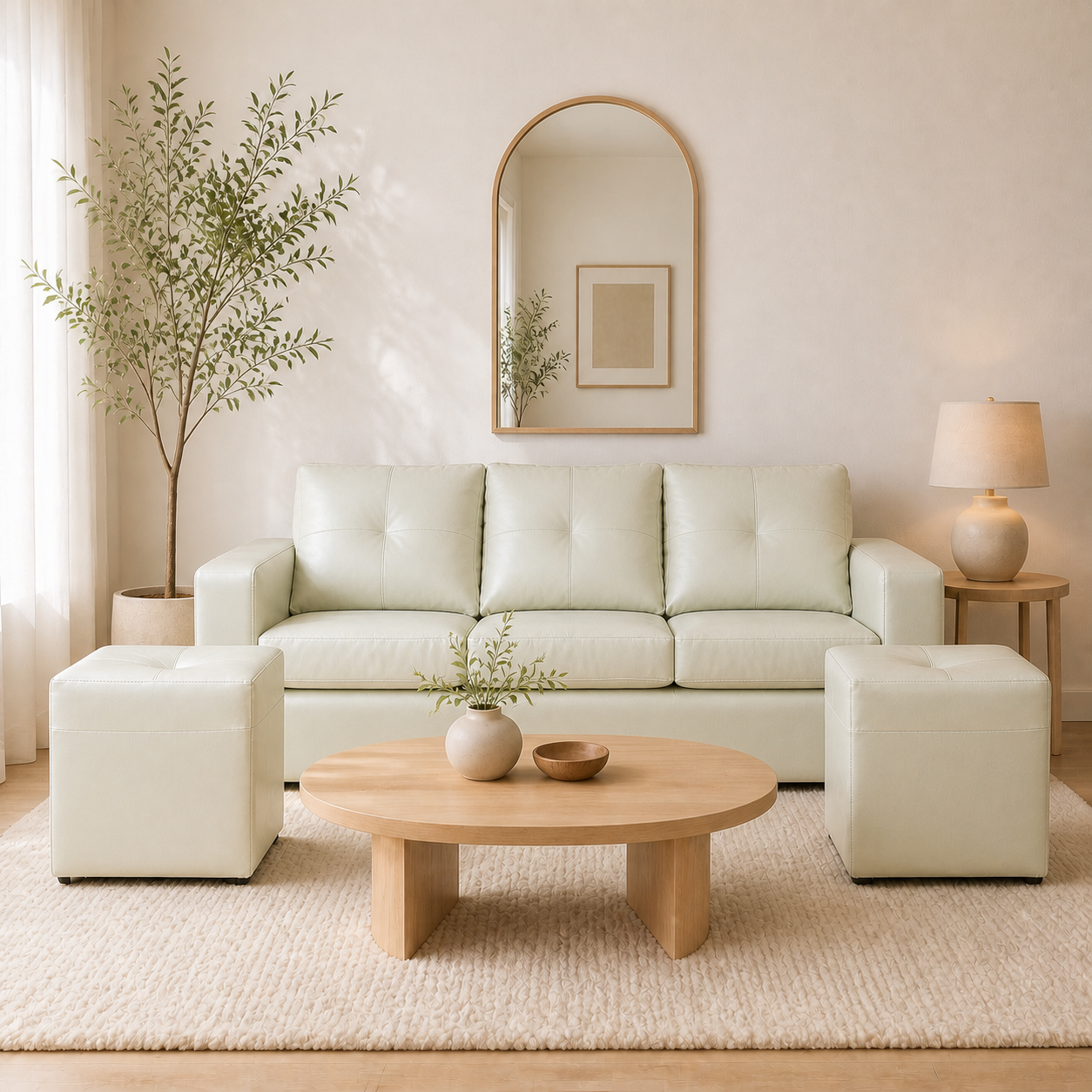 Living Emilia 3 Cuerpos Y 2 Poufs - Cuero Sintético Pu Beige - ambiente