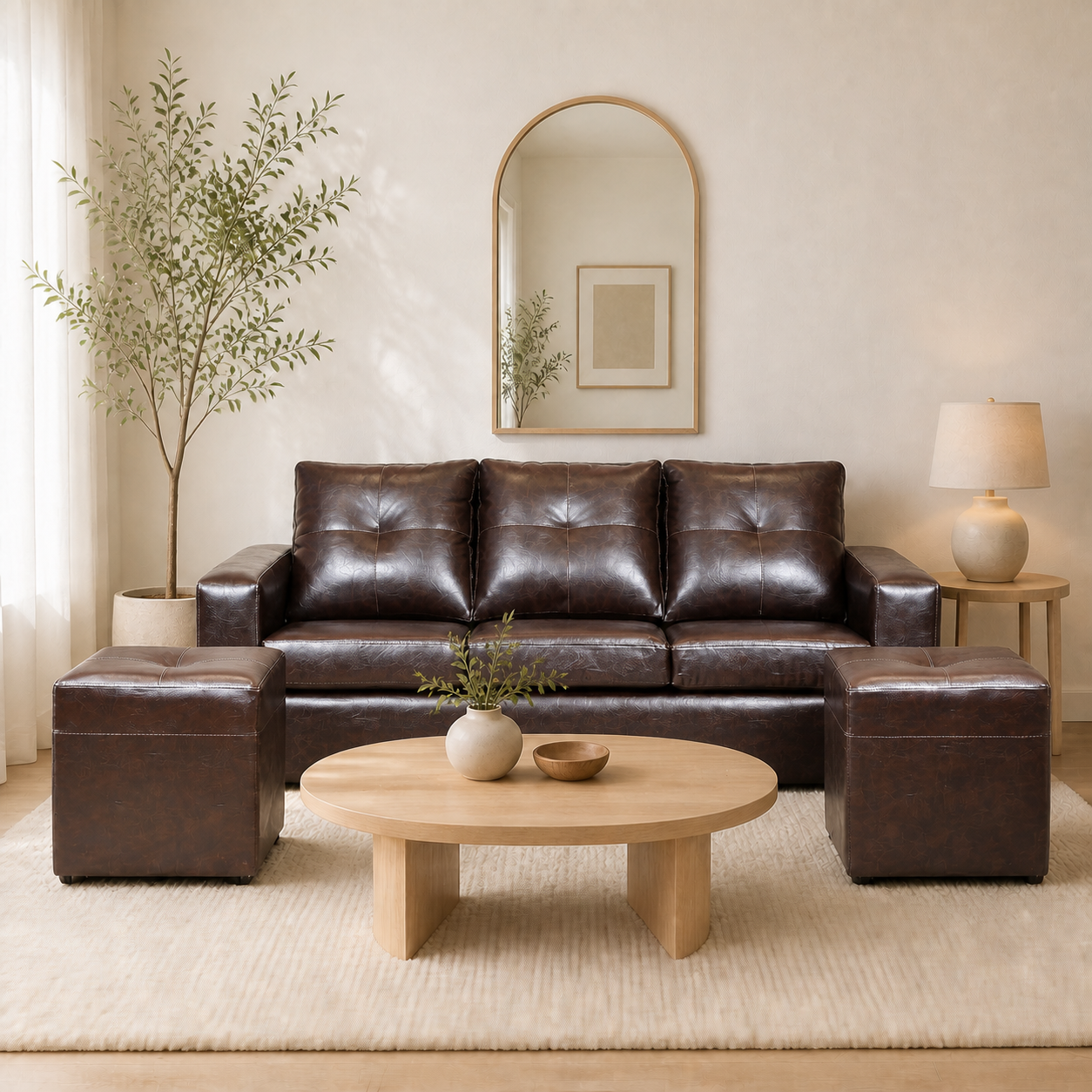 Living Emilia 3 Cuerpos Y 2 Poufs - Cuero Sintético Pu Café Moro - ambiente