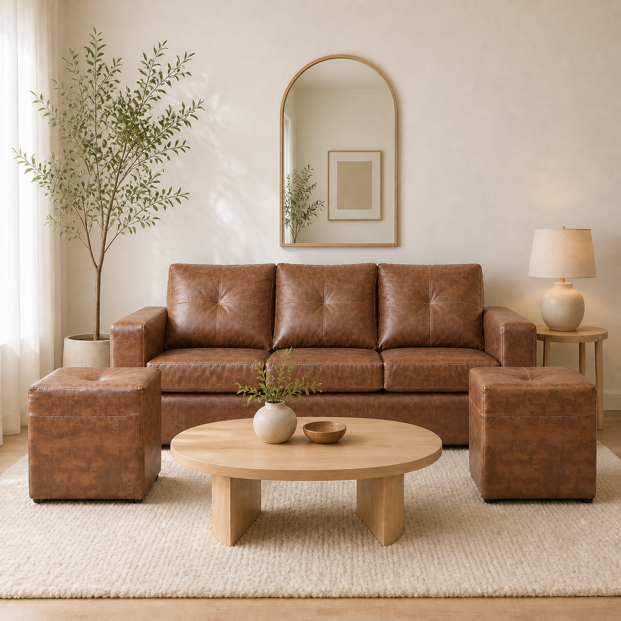 Living Emilia 3 Cuerpos Y 2 Poufs - Cuero Sintético Pu Caramelo - ambiente
