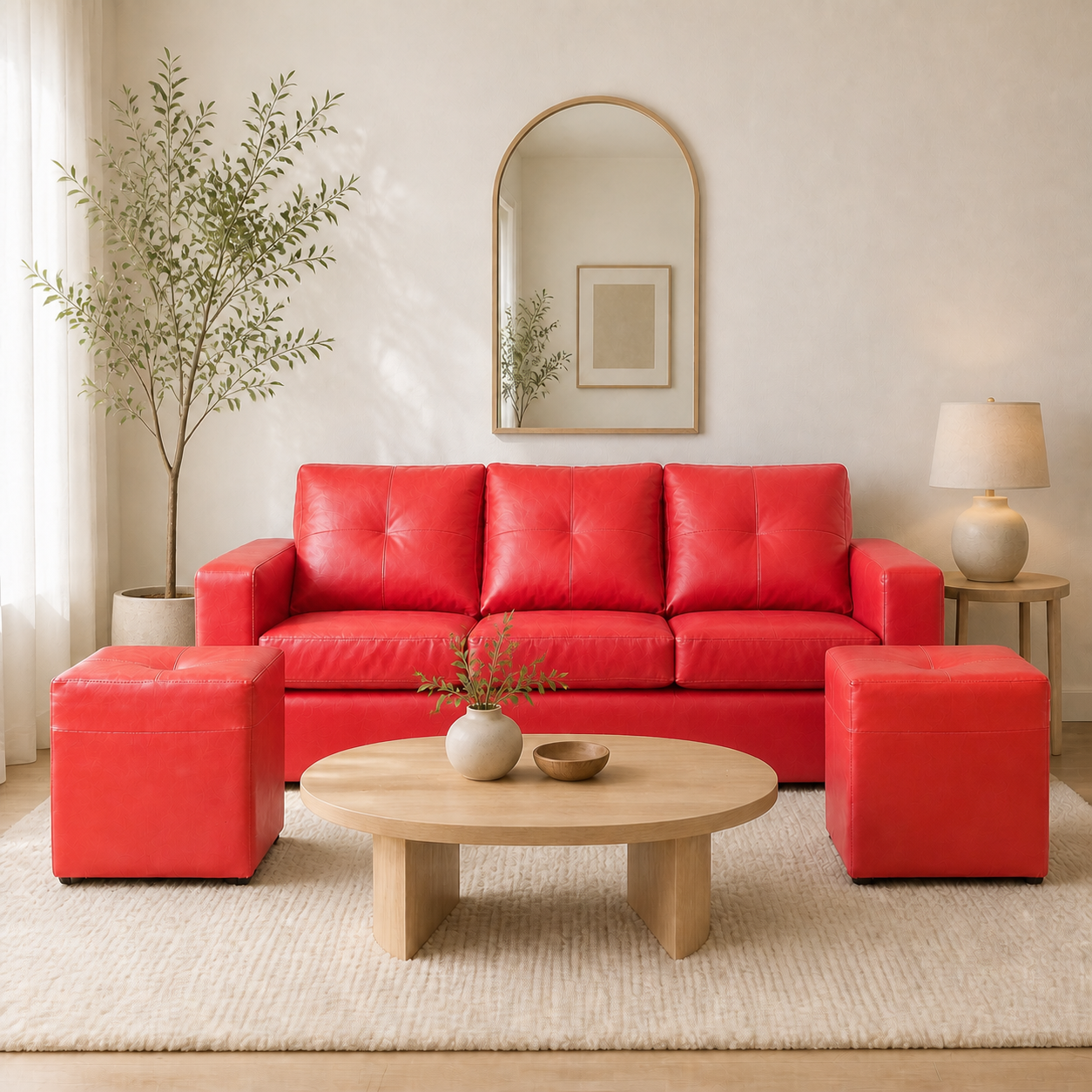 Living Emilia 3 Cuerpos Y 2 Poufs - Cuero Sintético Pu Rojo - ambiente