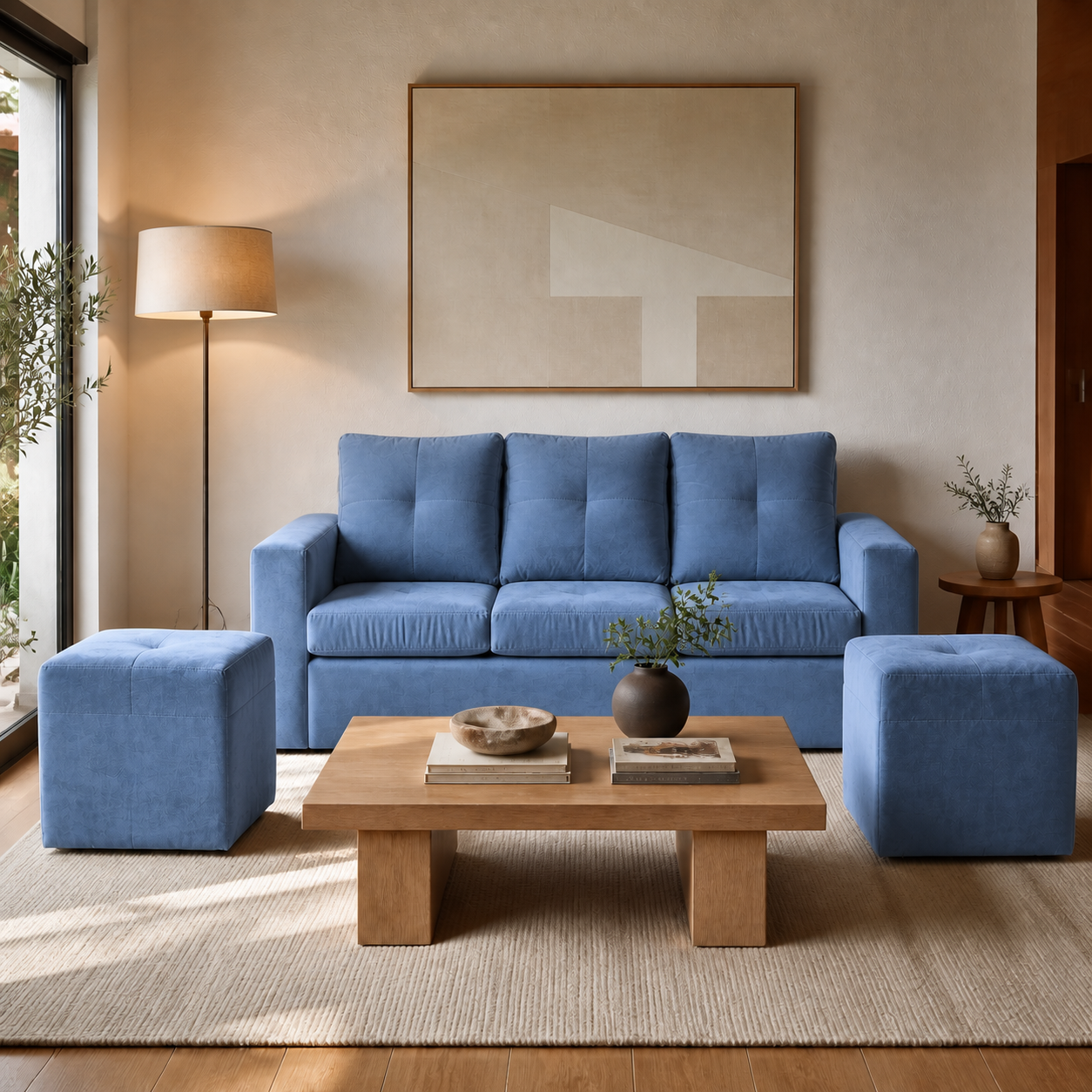 Living Emilia 3 Cuerpos Y 2 Poufs - Tela Felpa Azul Petróleo - ambiente