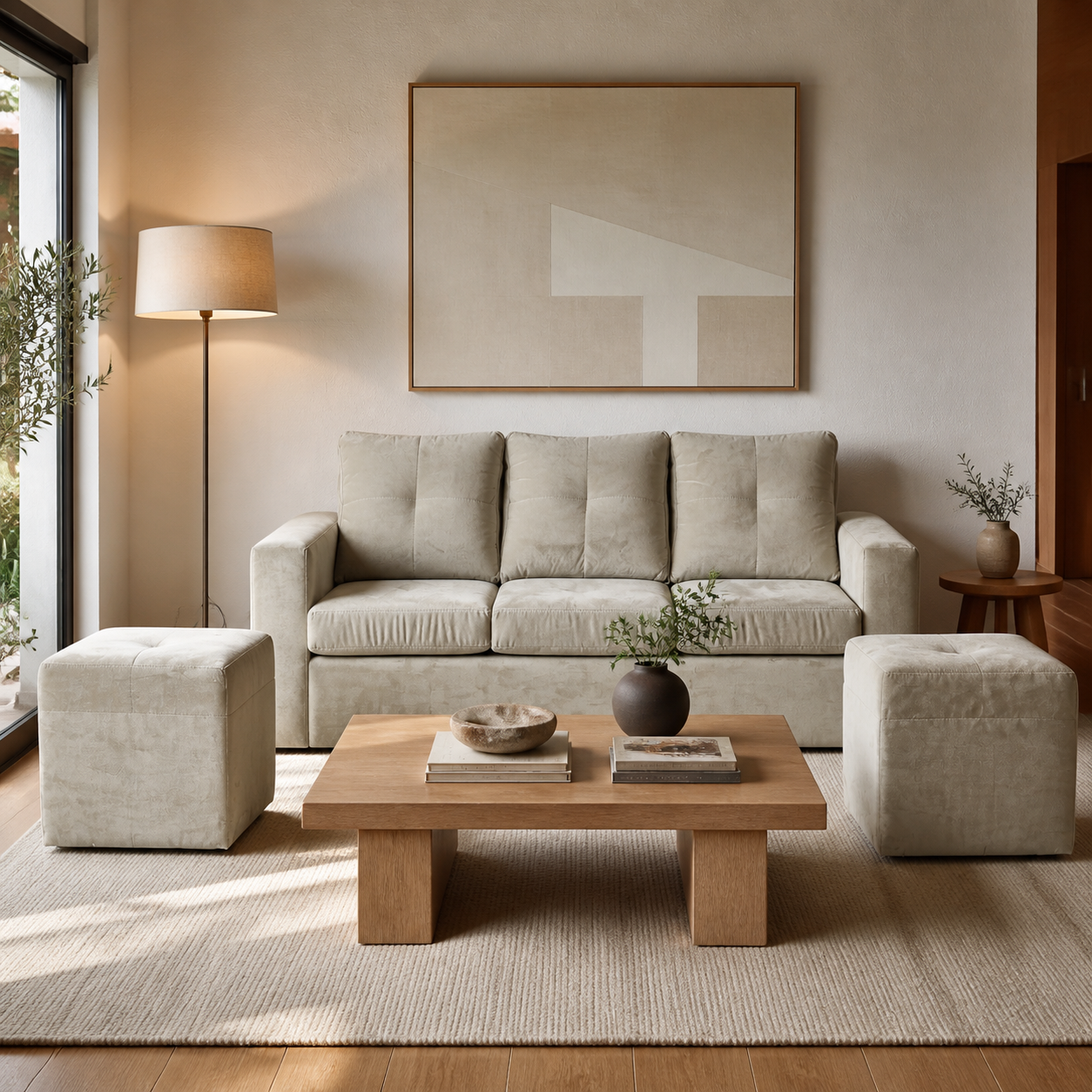 Living Emilia 3 Cuerpos Y 2 Poufs - Tela Felpa Beige - ambiente