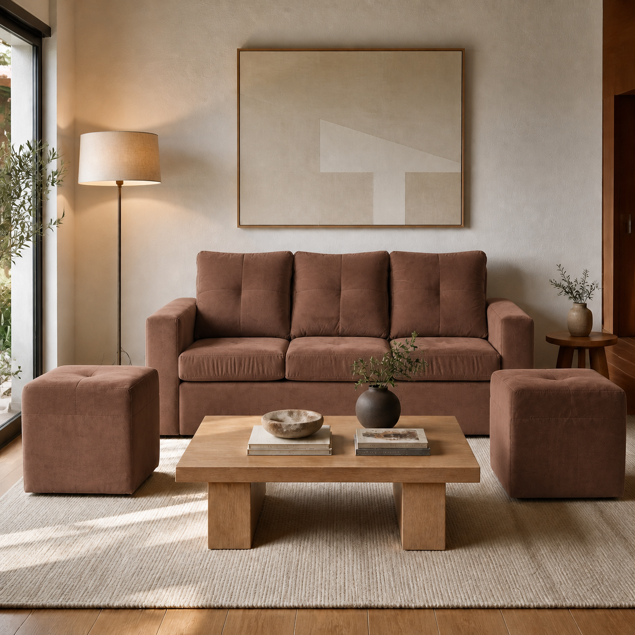 Living Emilia 3 Cuerpos Y 2 Poufs - Tela Felpa Café - ambiente