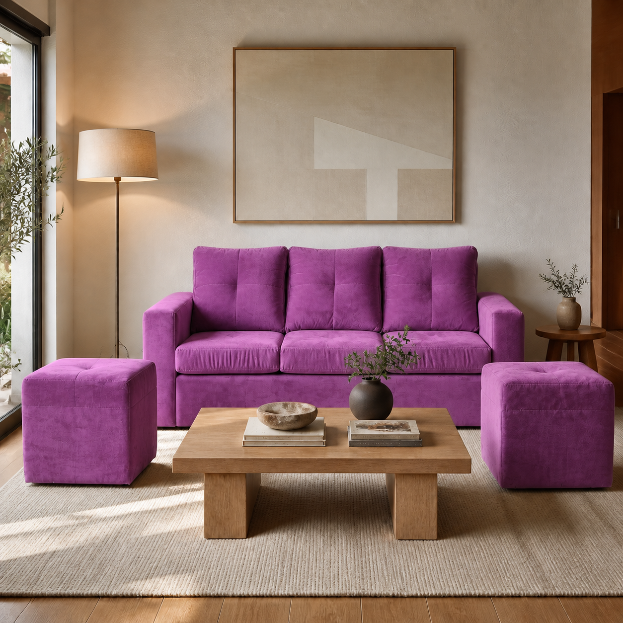 Living Emilia 3 Cuerpos Y 2 Poufs - Tela Felpa Lila - ambiente