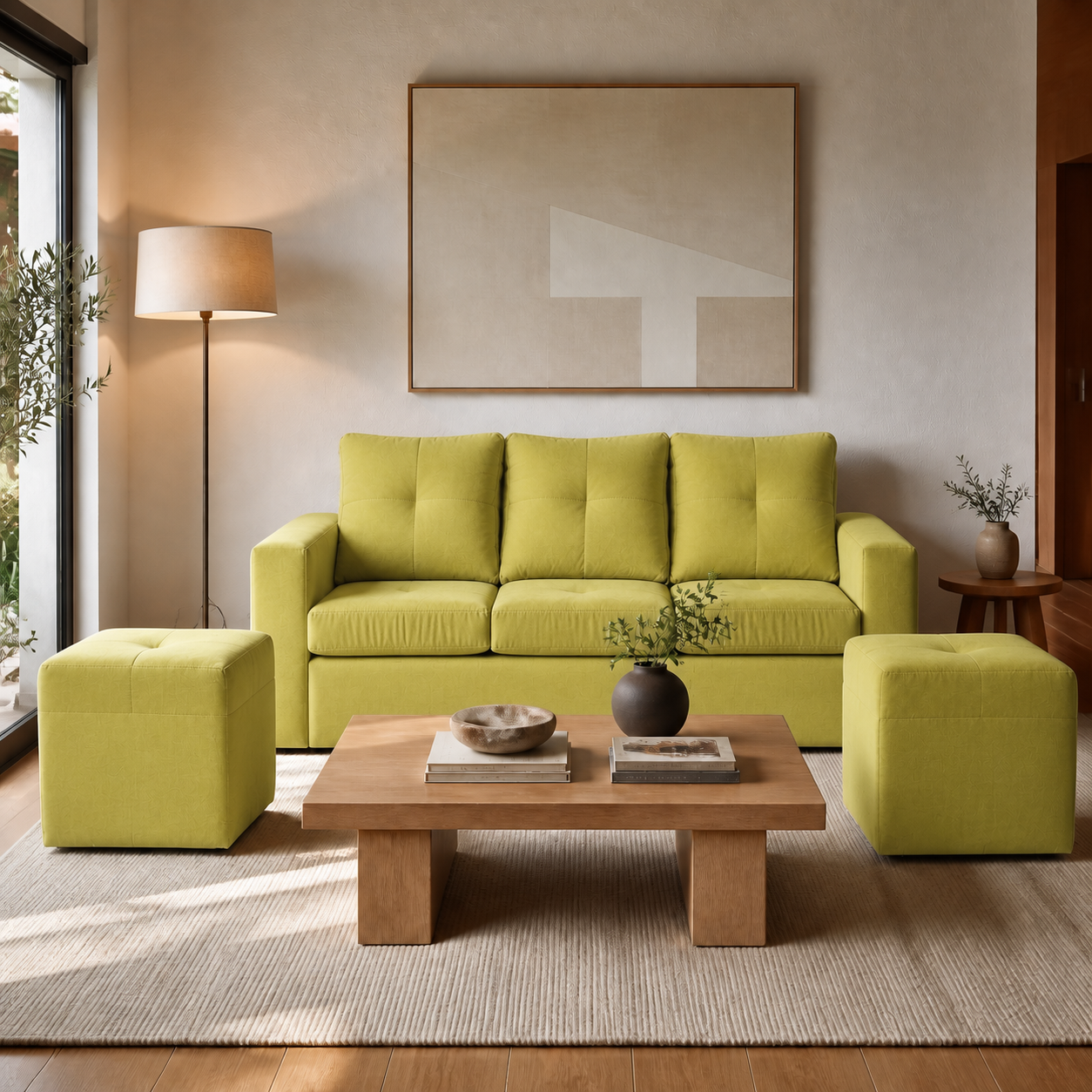Living Emilia 3 Cuerpos Y 2 Poufs - Tela Felpa Pistacho - ambiente