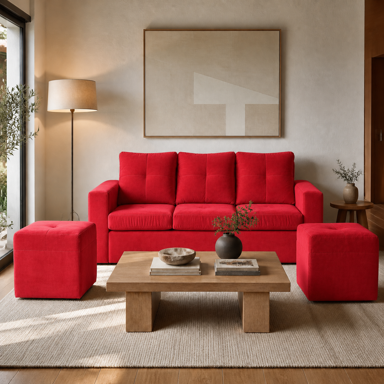 Living Emilia 3 Cuerpos Y 2 Poufs - Tela Felpa Rojo - ambiente
