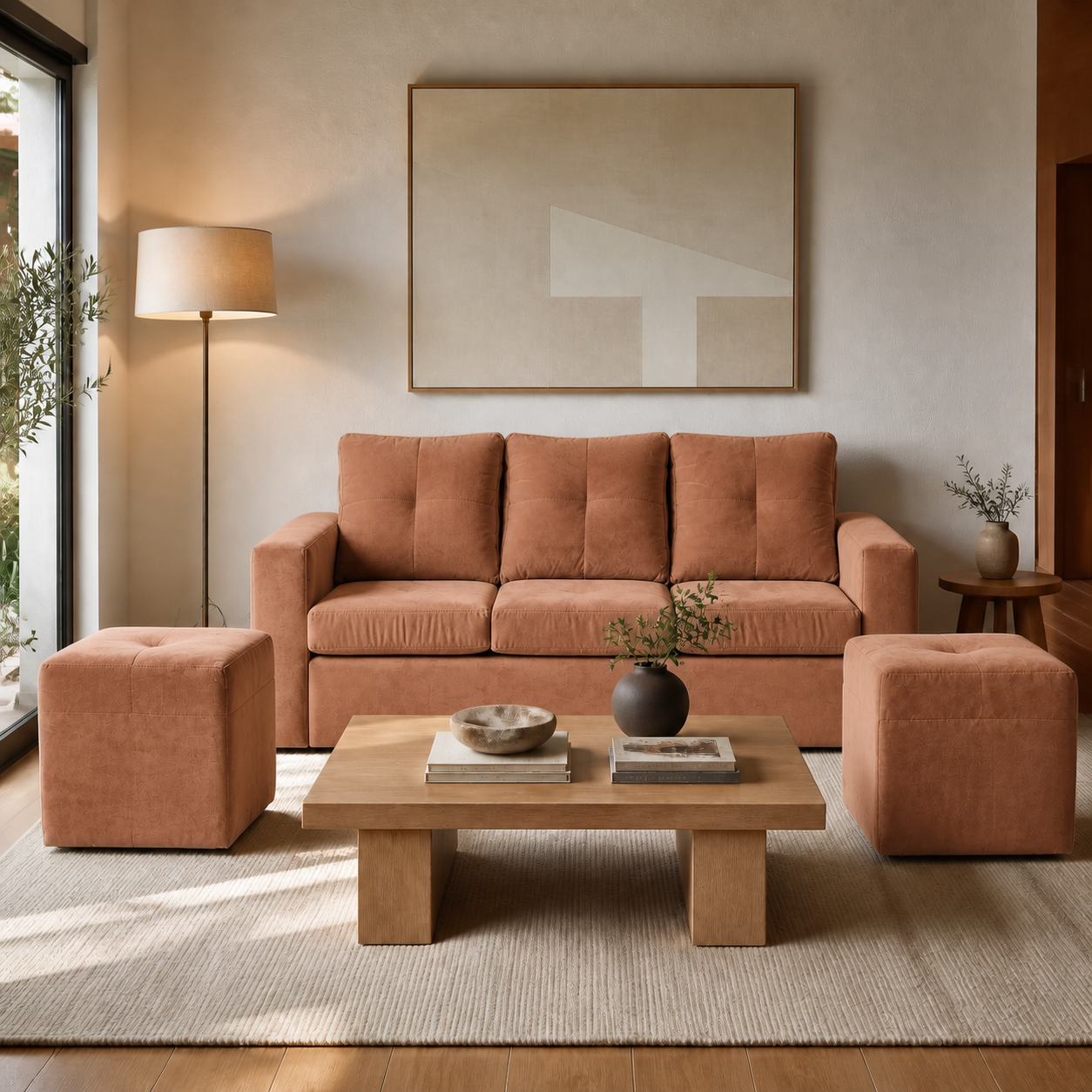 Living Emilia 3 Cuerpos Y 2 Poufs - Tela Felpa Tostado - ambiente