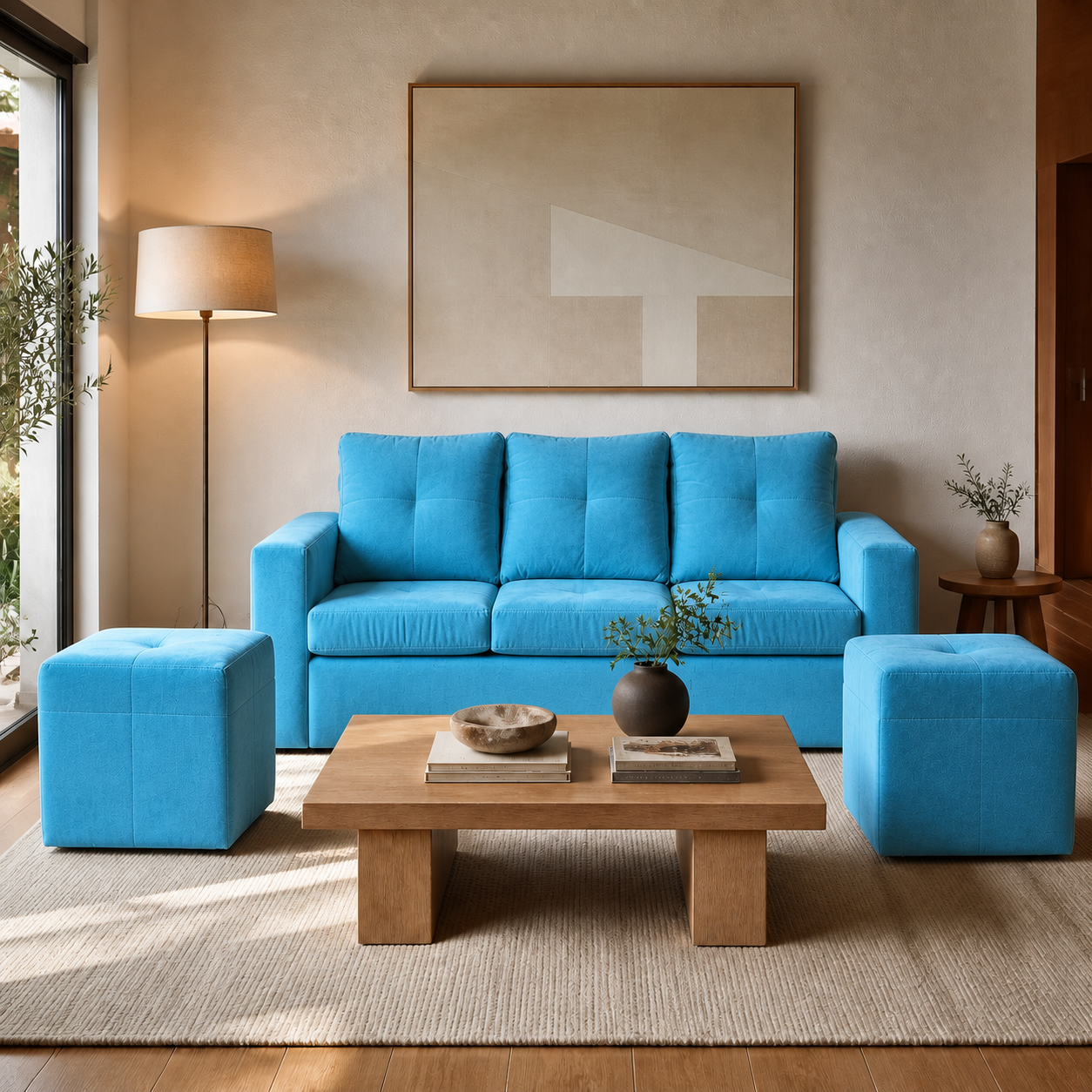 Living Emilia 3 Cuerpos Y 2 Poufs - Tela Felpa Turquesa - ambiente