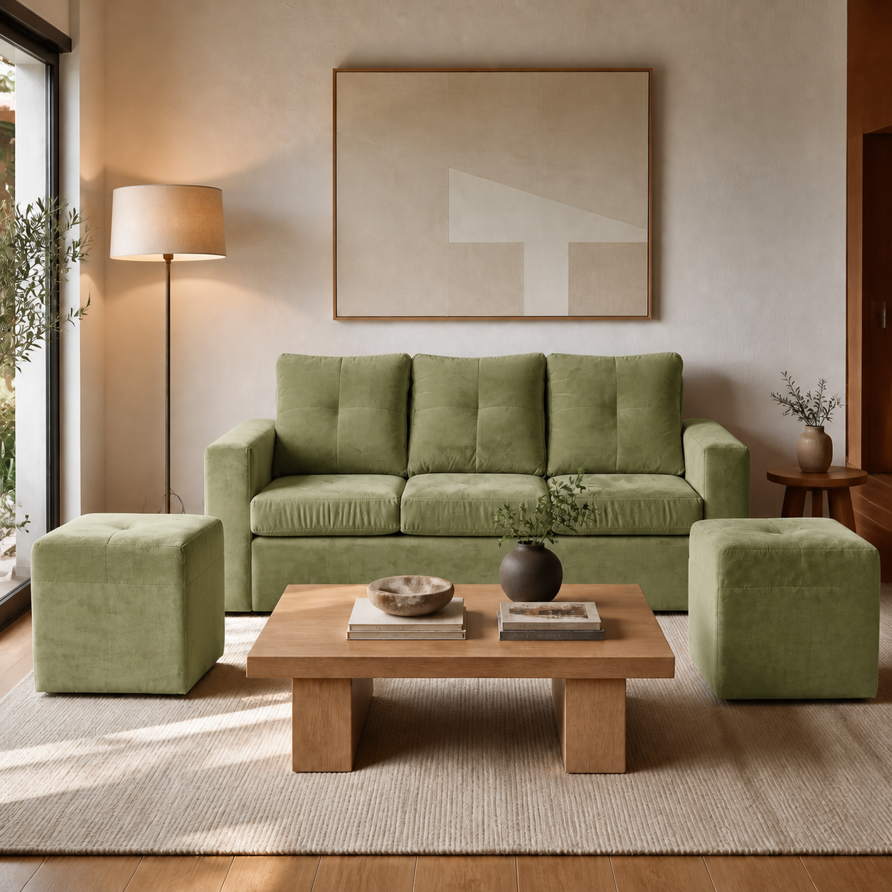 Living Emilia 3 Cuerpos Y 2 Poufs - Tela Felpa Verde Musgo - ambiente