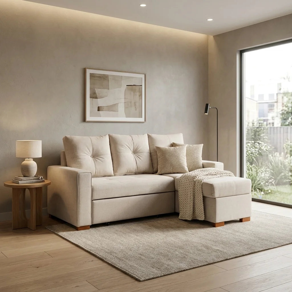 Sofá Cama Amelia Baúl Derecho - Tela Lino Finesse Beige
