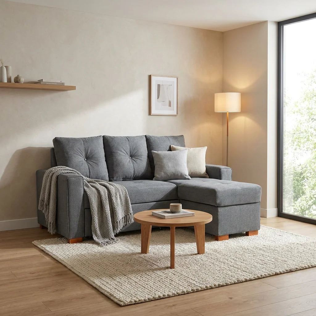 Sofá Cama Amelia Baúl Derecho - Tela Lino Finesse Gris Medio
