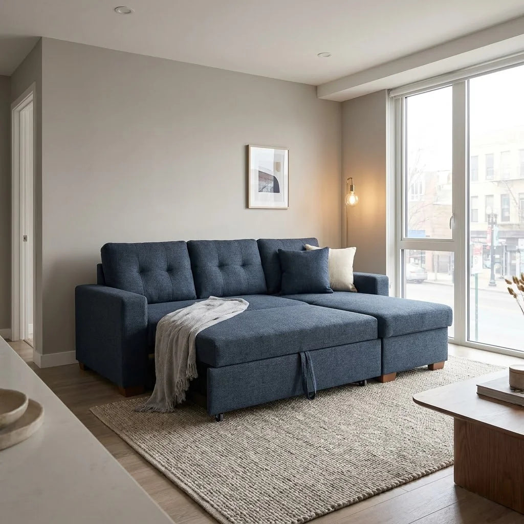 Sofá Cama Amelia Baúl Derecho - Tela Lino Finesse Gris Piedra