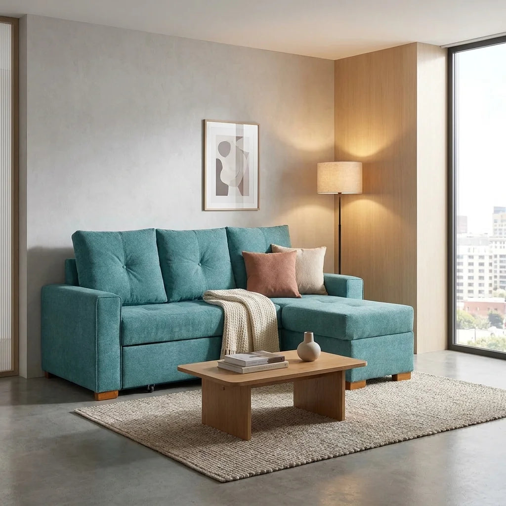 Sofá Cama Amelia Baúl Derecho - Tela Lino Finesse Verde Agua