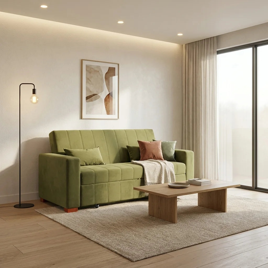 Sofá Cama Olivia - Tela Felpa Verde Musgo