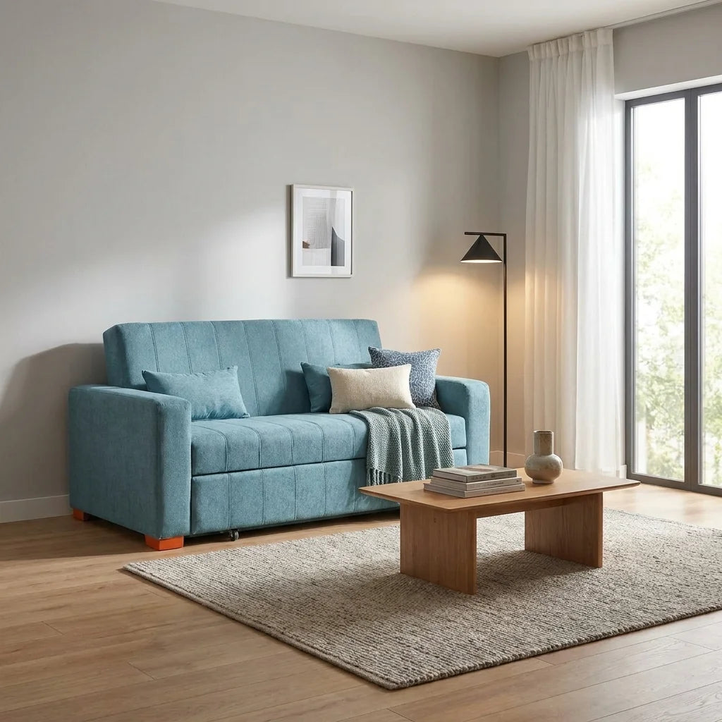 Sofá Cama Olivia - Tela Lino Sidelli Azul Claro